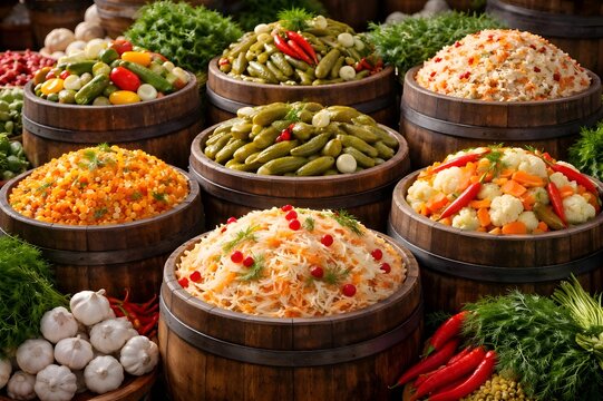 Pickled vegetables in barrels