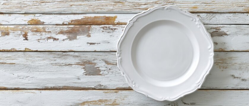 Leerer wei&szlig;er Vintage-Teller auf rustikalem Holztisch mit abbl&auml;tternder Farbe. Panorama Food-Hintergrund von oben mit viel Textfreiraum