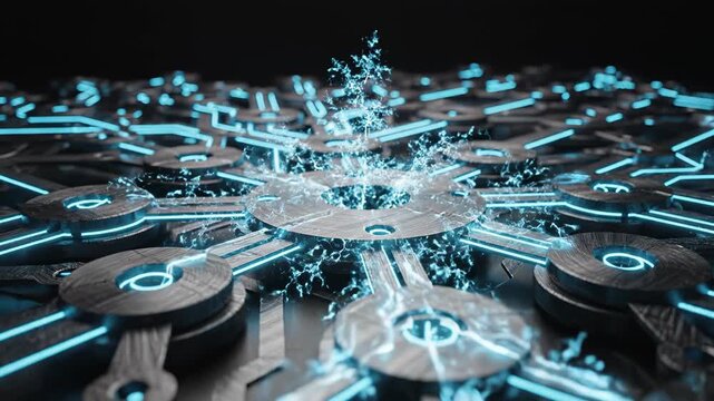 Technology innovation and digital transformation in a futuristic network for data processing artificial intelligence and machine learning with glowing circuits activating a central node showcasing