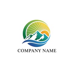 Fototapeta premium Mountain landscape with sun and water integrated into a circular emblem.