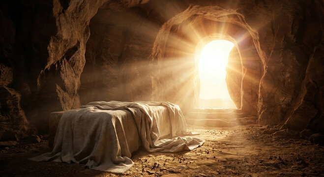 Empty tomb with sunlight shining through, symbolizing hope and resurrection in a dark cave