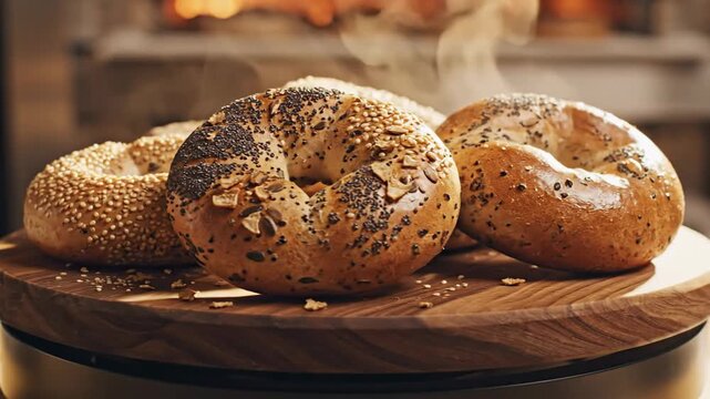 Freshly Baked Steaming Bagels with Assorted Toppings on Wooden Board, Warm from Bakery Oven
