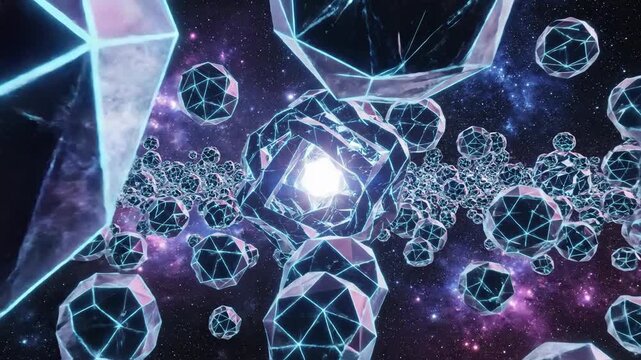 Abstract geometric shapes in space, futuristic digital art with glowing polyhedrons and cubes, cosmic background, science fiction concept.