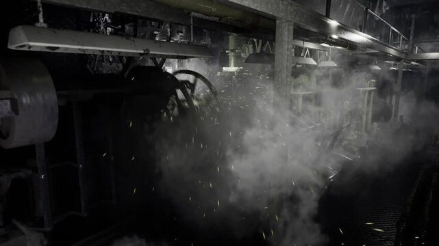 Tight engine compartment with pressure rigs and heavy piping, dim overhead lamps, oily puddles, suspended chains and mechanical silhouettes in smoke
