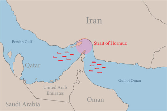 strait of homut area including cargo ship oil tanker and gas tanker iran and neighboring countries map middle east region illustration background vector flat lay design