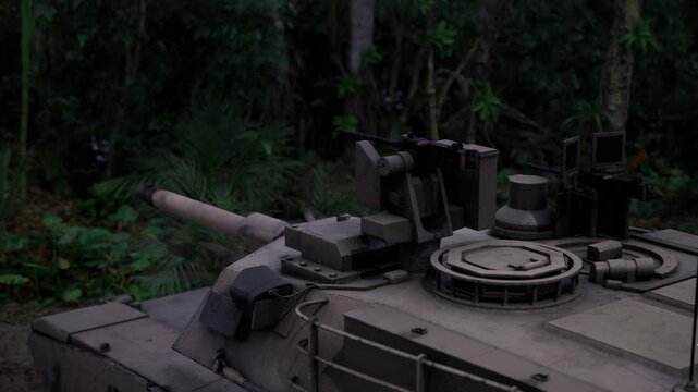 Armored vehicle adopting ambush posture at nightfall amid dense trees, low visibility, silhouette of gun and sensors, tense nocturnal atmosphere.