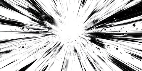 dramatic manga explosion burst radiating intense black ink lines and splatters from central impact on stark white canvas evoking high energy action and comic intensity