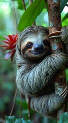 Fototapeta premium Sloth clinging to a tree in a dense tropical rainforest, with rich green foliage and bright flowers creating a vivid natural backdrop