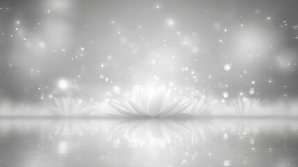 A white background with a lot of stars and a lot of white flowers. The flowers are in the water and the water is reflecting the stars