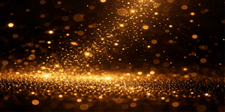 Golden Glittering Spectacle: Capturing the enchanting dance of shimmering golden particles against a backdrop of deep darkness, creating an atmosphere of luxury and elegance. 