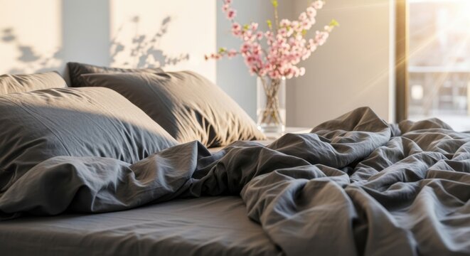 Zerw&uuml;hltes Bett mit grauer Bettw&auml;sche im warmen Morgenlicht. Gem&uuml;tliches Schlafzimmer-Interieur mit Fr&uuml;hlingsblumen im Hintergrund