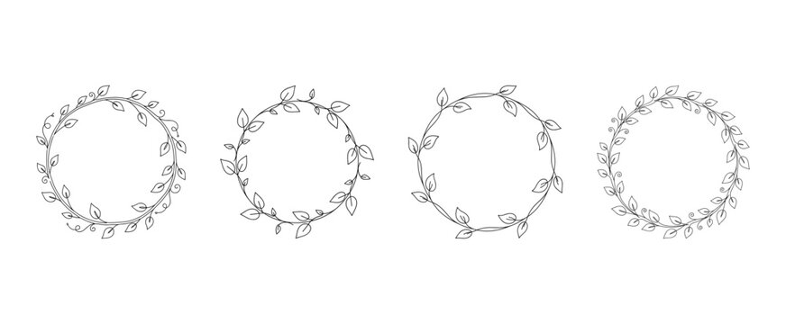 Collection of round leaf wreaths in continuous line drawing style. Minimalist floral frame vector illustration for wedding invitation and logo design.