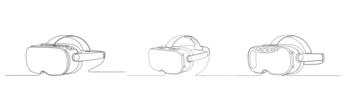 Minimalist continuous line art of virtual reality VR headset goggles for gaming and metaverse experience set of technology glasses in one line drawing style