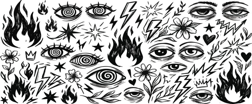 Crayon drawn fire flames, stars and eye icons collection. Punk tattoo stickers. Punk or rock style crayon drawn shapes. Graphic vector illustrations for collages. Y2k graffiti shapes.