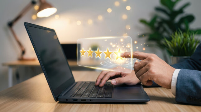 Satisfied customer hand touching virtual glowing star rating above laptop keyboard providing positive feedback and review for excellent business service expressing high satisfaction