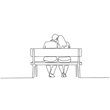 Romantic couple sitting on a park bench back view continuous one line drawing minimalist vector illustration for relationship dating and togetherness concept