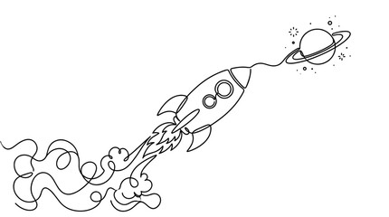 Continuous one line drawing of a space rocket launching towards a ringed planet with stars and smoke trails isolated on a white background for minimalist cosmic art. © cheng