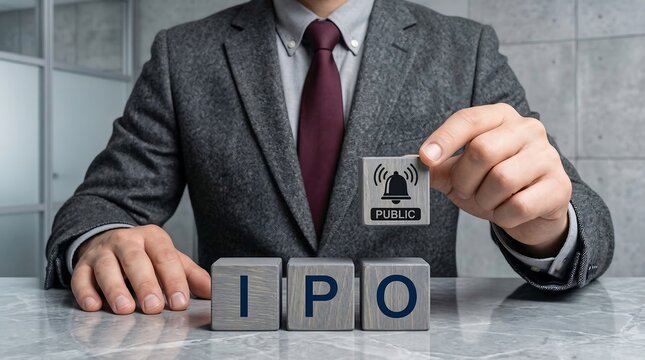 Businessman holding i p o public stock market block with wooden alphabet cubes on marble desk