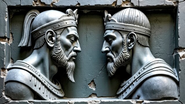 Stone Carving Double Person Side View Blue Grey Relief Art Picture