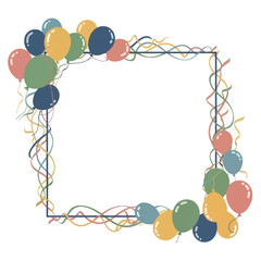 Vector illustration of a square frame border embellished with colorful balloons in shades of blue, pink, yellow, and green.