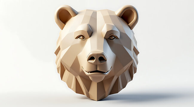 Isometric bear head statue rendered as low poly sculpture with soft beige lighting and calm expression evoking modern minimalist decor