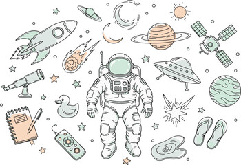 A collection of space and everyday objects, including an astronaut, a rocket ship, planets, stars, a telescope, a UFO and a rubber duck hand-drawn vector illustration doodle art © Kanon Islam