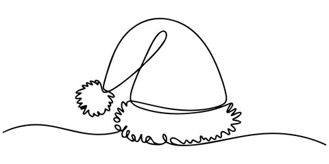 Santa Claus hat in one line art style. Christmas hat drawing with editable black stroke on white background. Vector illustration, minimalist one line drawing of a santa claus hat with fluffy pom pom, 