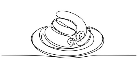 Spiral sausage on plate continuous one line drawing, Hand drawn sausage spiral isolated on white background. Sketch style grilled sausage ring. Engraving vector illustration of snail sausage, minimal. © Gerish