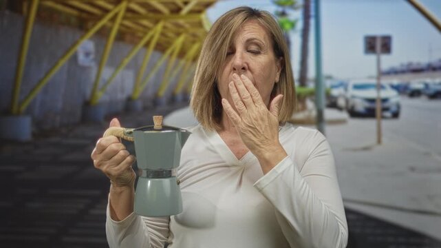 Caucasian middle aged woman holds green moka pot while covering mouth in yawn on urban street under daylight; fatigue.