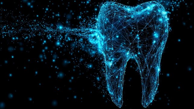 Digital blue wireframe tooth against dark background representing prosthodontics dentistry, tooth restoration concept and dental implant planning.