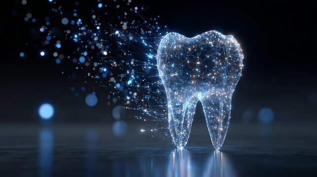 Glowing digital tooth symbolizing oral surgery and dentistry, with particle effect representing technology, implant planning and surgical precision.