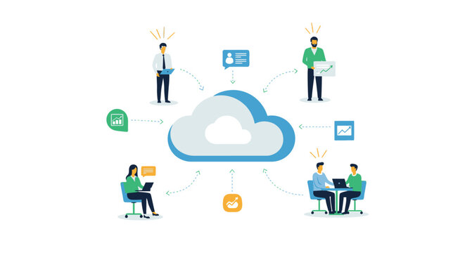 Cloud Computing Network Connecting Business Professionals, Data Management, and Digital Collaboration Workflow