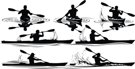 Kayaking and canoe paddling silhouette set with athlete rowing boat on water, outdoor sport activity illustration collection © Nayan Stock