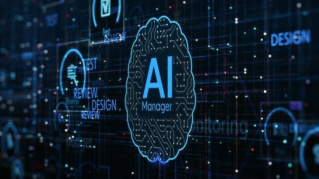 AI assistant for Agile project management, AI automation workflow, project life cycle, conceptual animation (3d render)