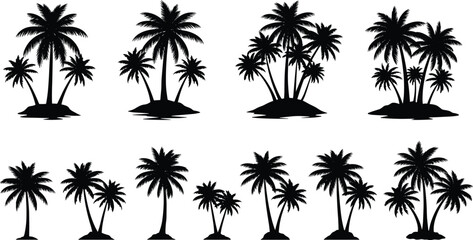 Tropical palm tree island silhouette collection isolated on white background, beach paradise nature landscape illustration set