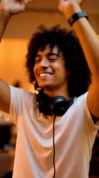 A joyful young man with curly hair celebrates while wearing headphones, creating a lively atmosphere with his energetic dance moves and infectious smile.