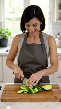 A Joyful Home Cook Expertly Slicing Fresh Cucumbers in a Bright Kitchen, Showcasing Culinary Skills and the Joy of Cooking at Home