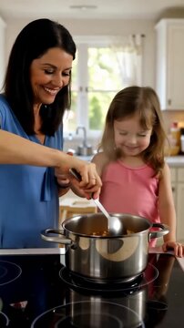 A Joyful Cooking Moment: A Smiling Woman and Young Girl Bonding in the Kitchen while Stirring a Pot Together, Creating Lasting Memories and Delicious Food.