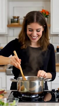 Joyful Cooking Moments: A Chef's Delight in the Kitchen as She Stirs a Pot, Enjoying the Art of Food Preparation and Creating Delicious Meals from Fresh Ingredients