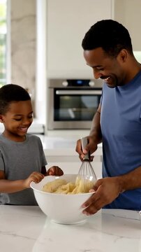 A Joyful Cooking Moment: Father and Son Bonding Over Baking in the Kitchen as They Whisk Together Ingredients for a Delicious Treat