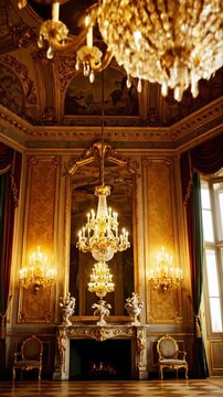 Elegant Interior of a Luxurious Room Featuring Ornate Chandeliers and Opulent Decor, Showcasing Intricate Details and Rich Colors in a Grand Setting