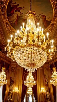 Elegant Grand Room Featuring Exquisite Crystal Chandeliers with Golden Accents and Opulent Decor, Perfectly Highlighting Luxurious Architectural Design