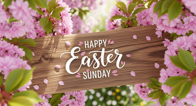 A beautiful easter sunday scene with flowers and a wooden sign