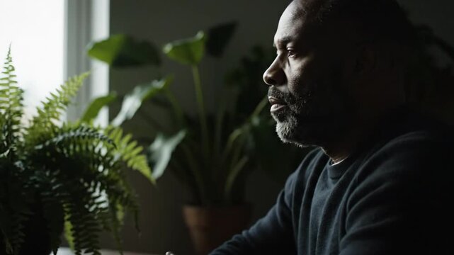 Man with plants with indoor setting.