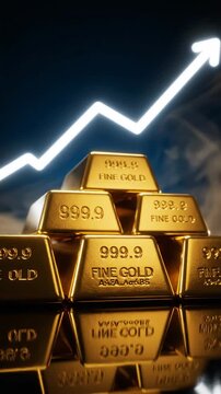 The Rising Value of Fine Gold: A Visualization of Gold Bars Surging in Worth with an Upward Financial Trend Prominently Displayed Against a Glossy Backdrop