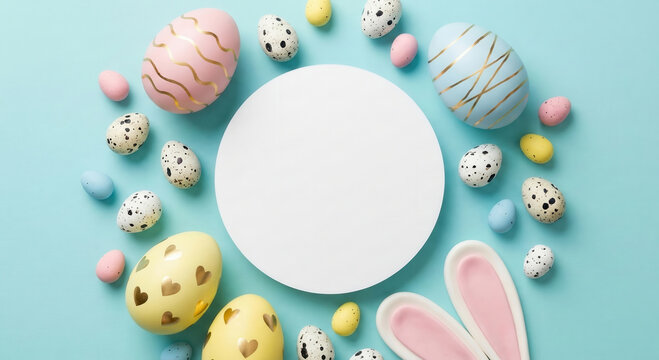 Easter eggs and bunny ears on pastel blue background with white circle