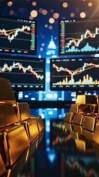Intricate Display of Financial Markets and Precious Gold Bars Against a Glimmering Cityscape, Symbolizing Wealth and Investment Opportunities in Modern Economy