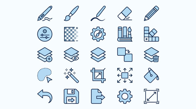 A detailed collection of blue digital art and graphic design software interface icons featuring layers, brushes, tools, and editing symbols for creative workflow production, design, vector, icons