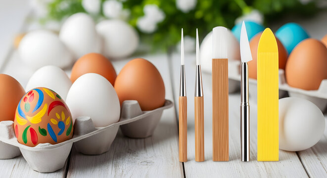 Assorted colorful eggs and wooden tools displayed on a white surface