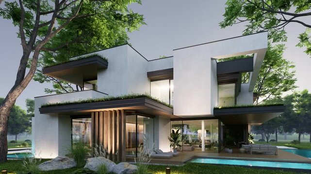 4K video rendering of two-story house with parking and pool for sale or rent with concrete facade and beautiful landscaping Clear summer evening with cozy light from window